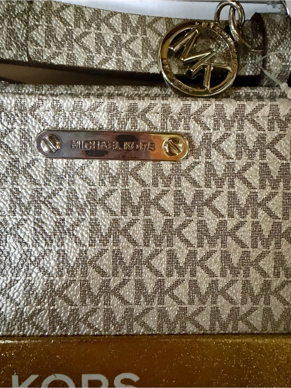 Michael Kors Metallic Silver Gray White MK Monogram Belt Bag crossbody clutch XL
